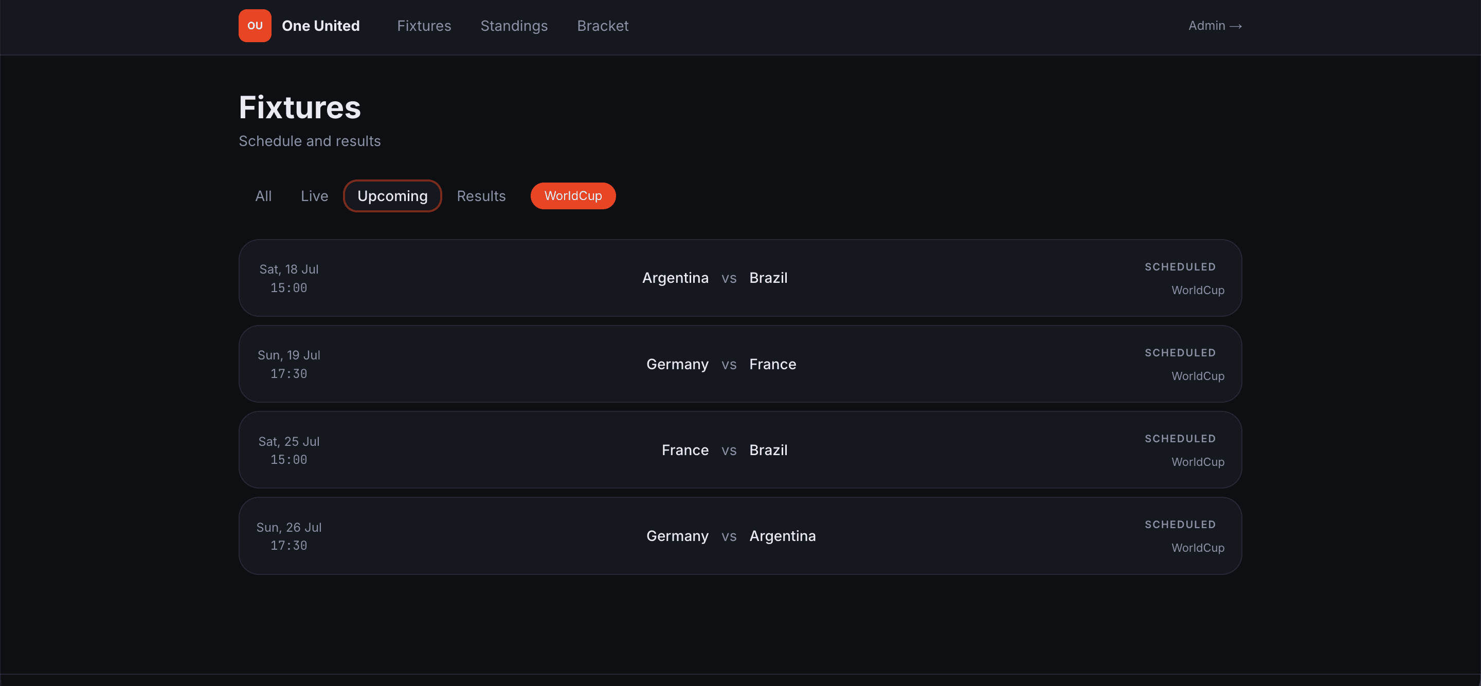 FixtureFlow embedded fixtures widget showing live matches and results