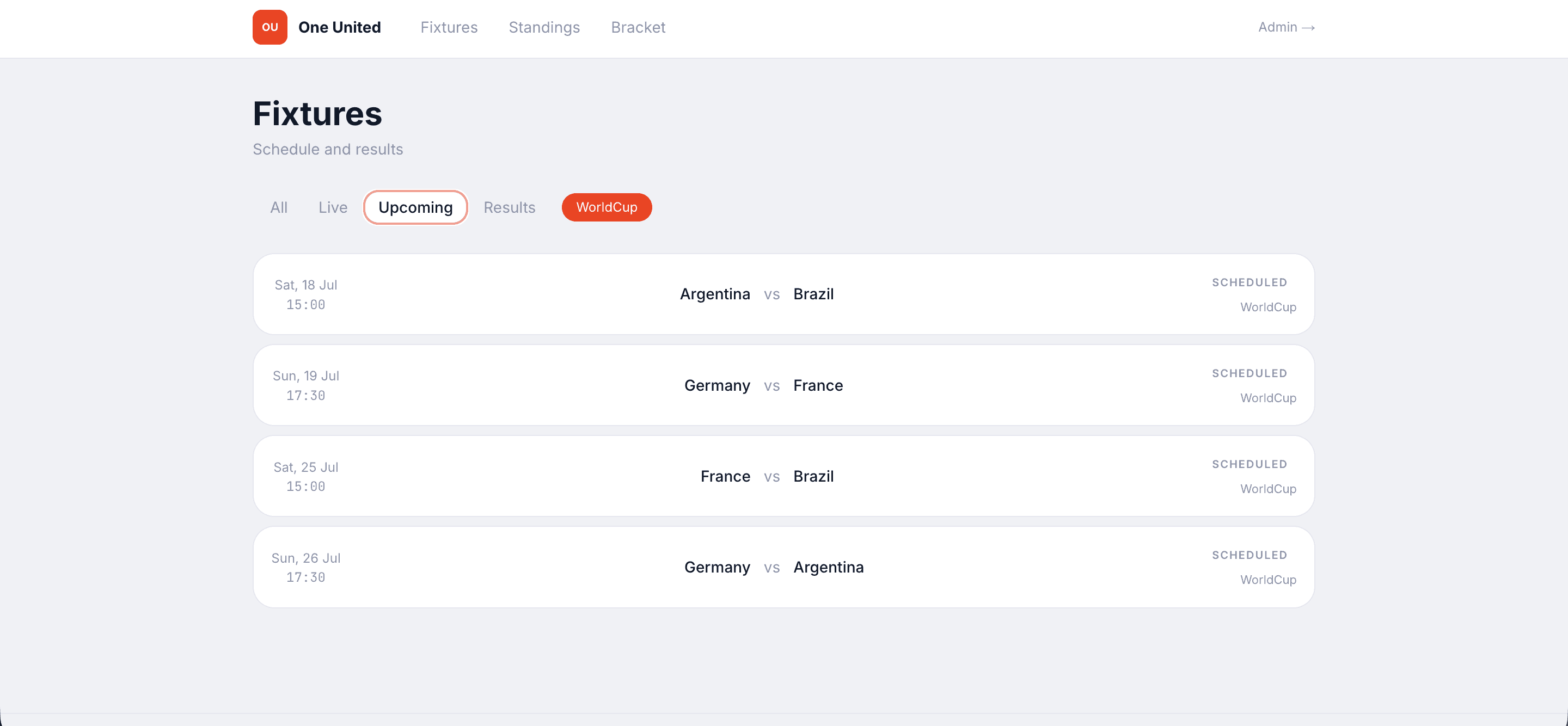 FixtureFlow embedded fixtures widget showing live matches and results
